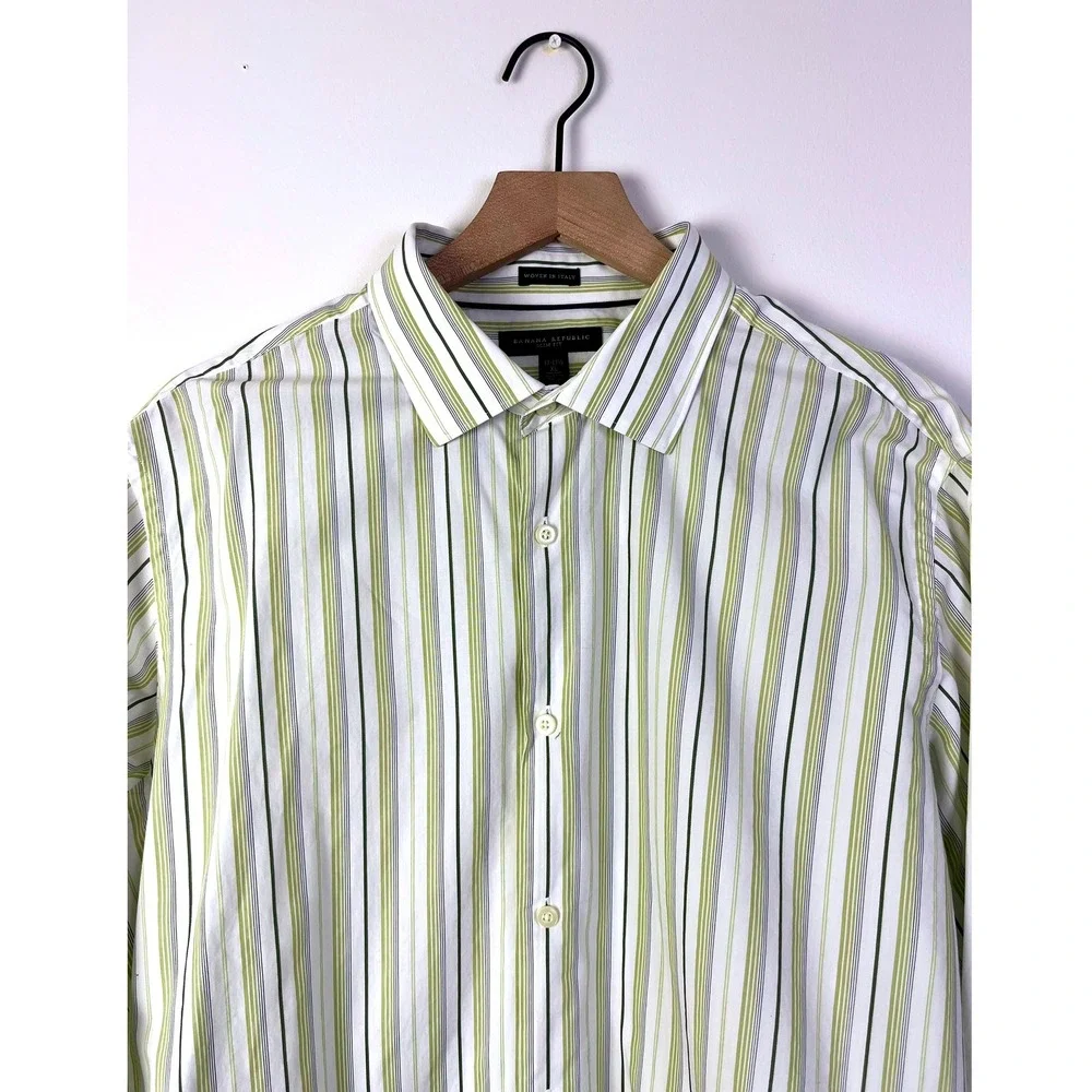 Banana Republic Preppy Slim Striped Dress Shirt Woven in‎ Italy White Green XL